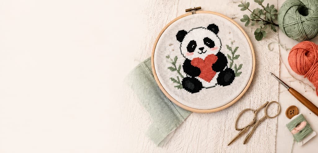 Cross-stitched panda in an embroidery hoop with yarn, scissors and craft tools